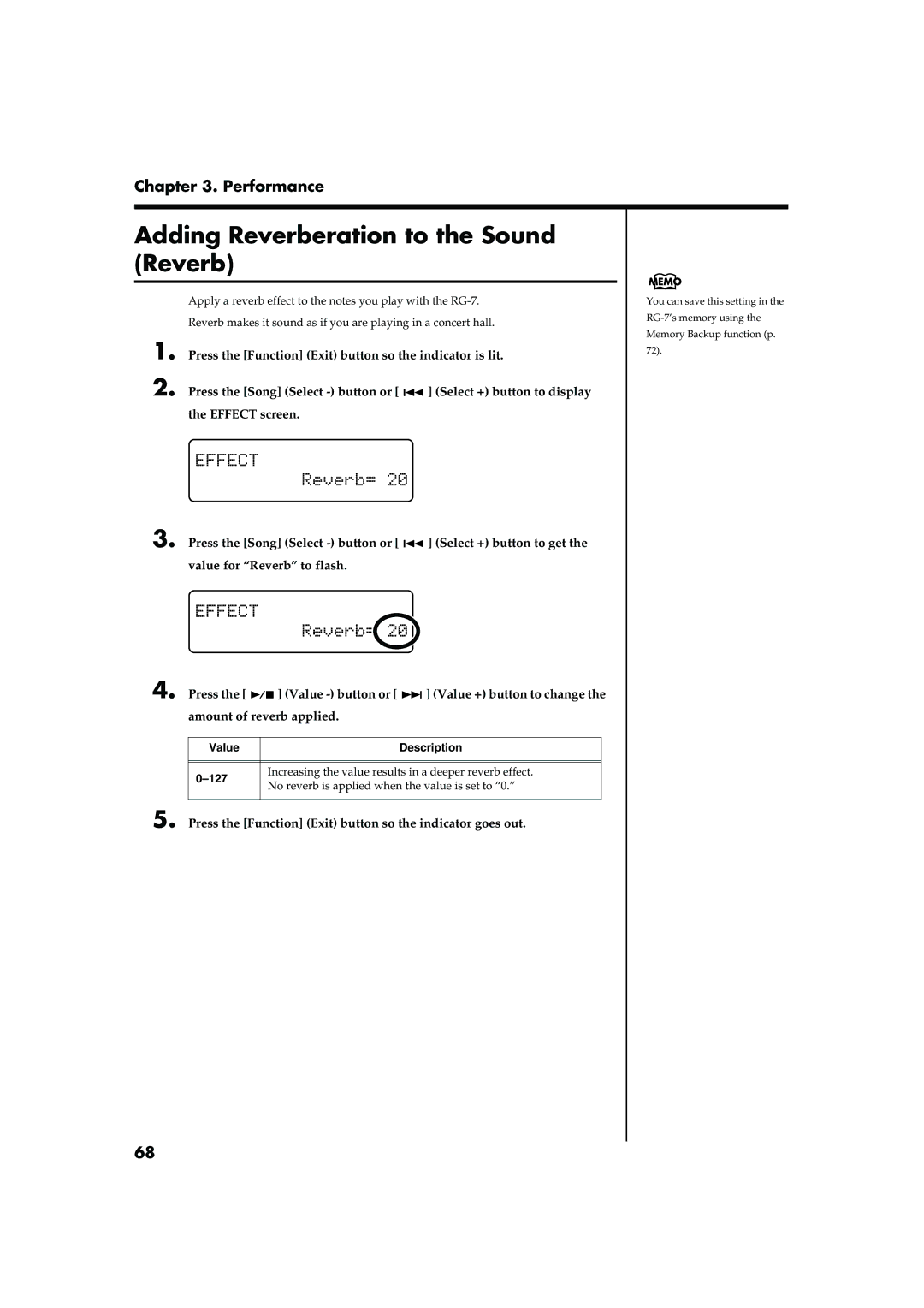 Roland RG-7 manual Adding Reverberation to the Sound Reverb, Value Description 127 