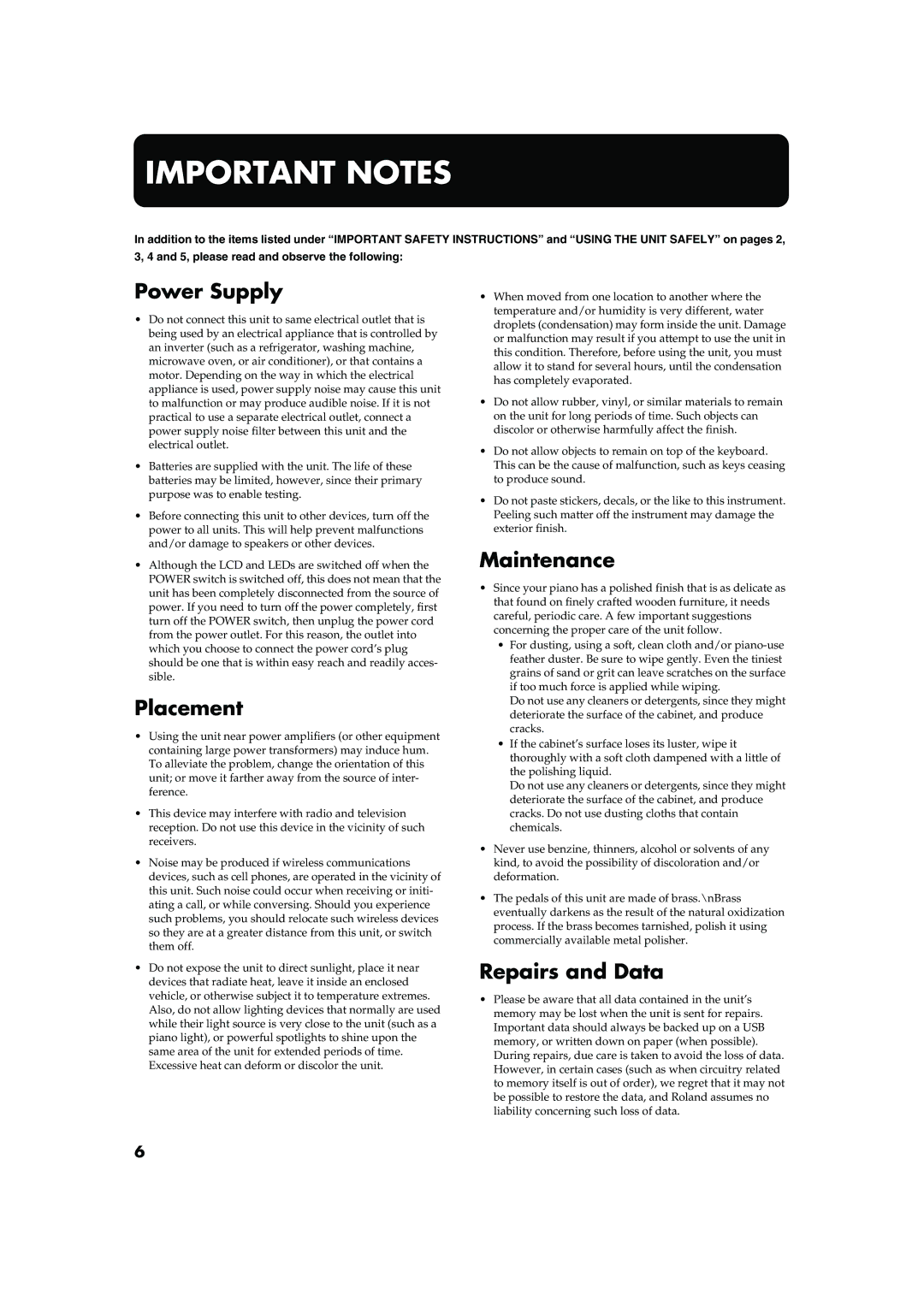 Roland RG-7 manual Power Supply, Placement, Maintenance, Repairs and Data 