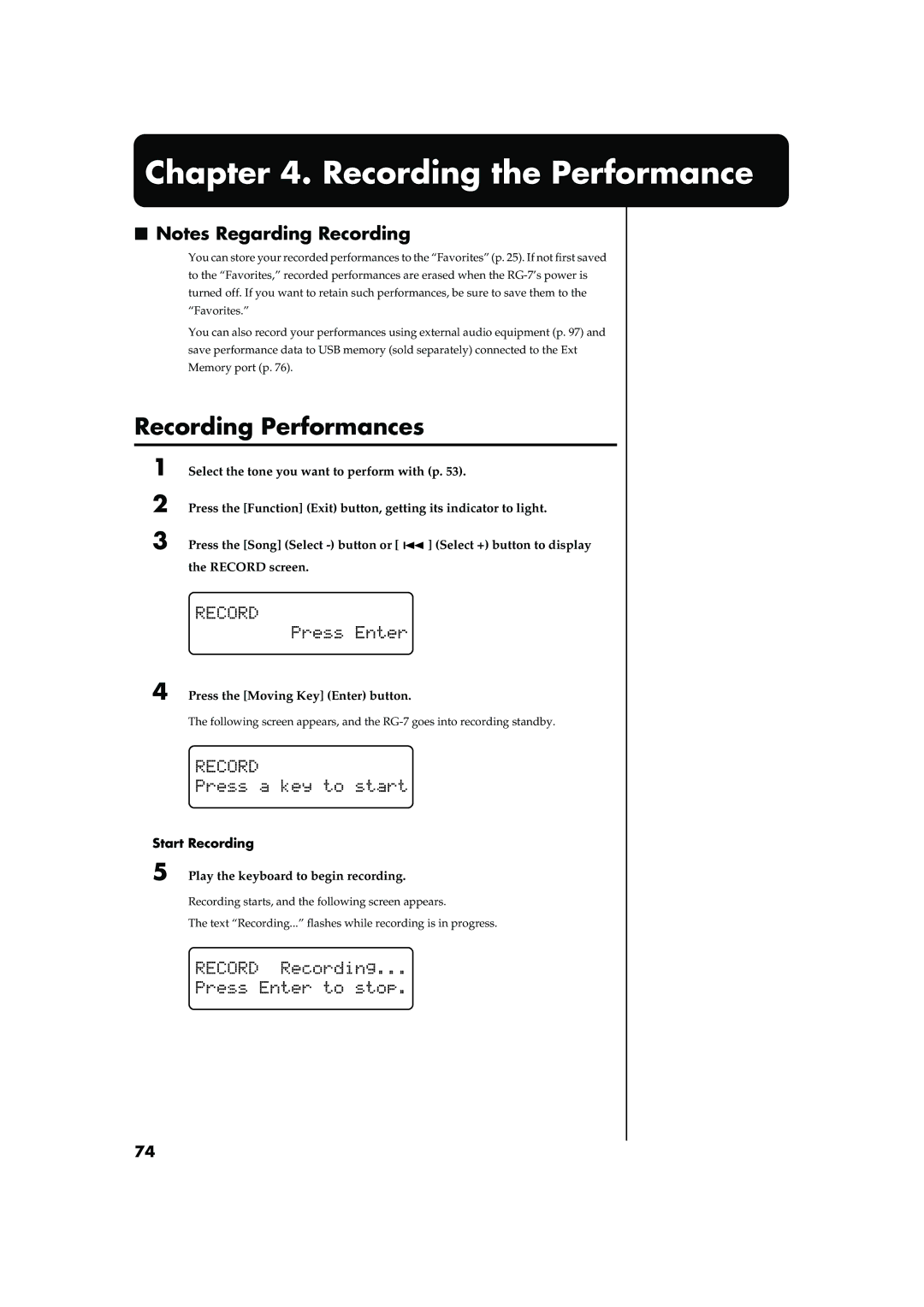 Roland RG-7 manual Recording the Performance, Recording Performances, Start Recording 