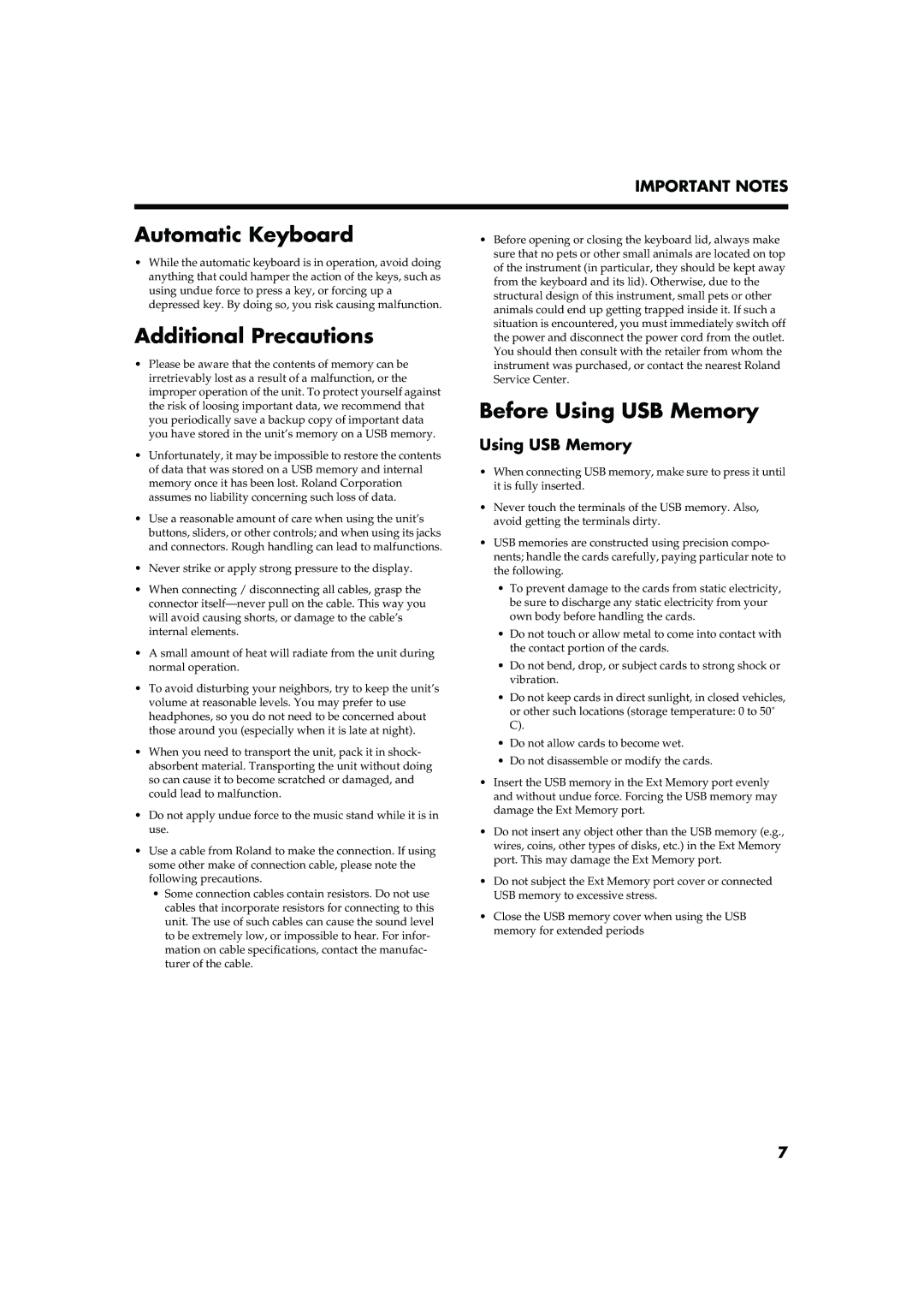 Roland RG-7 manual Automatic Keyboard, Additional Precautions, Before Using USB Memory 