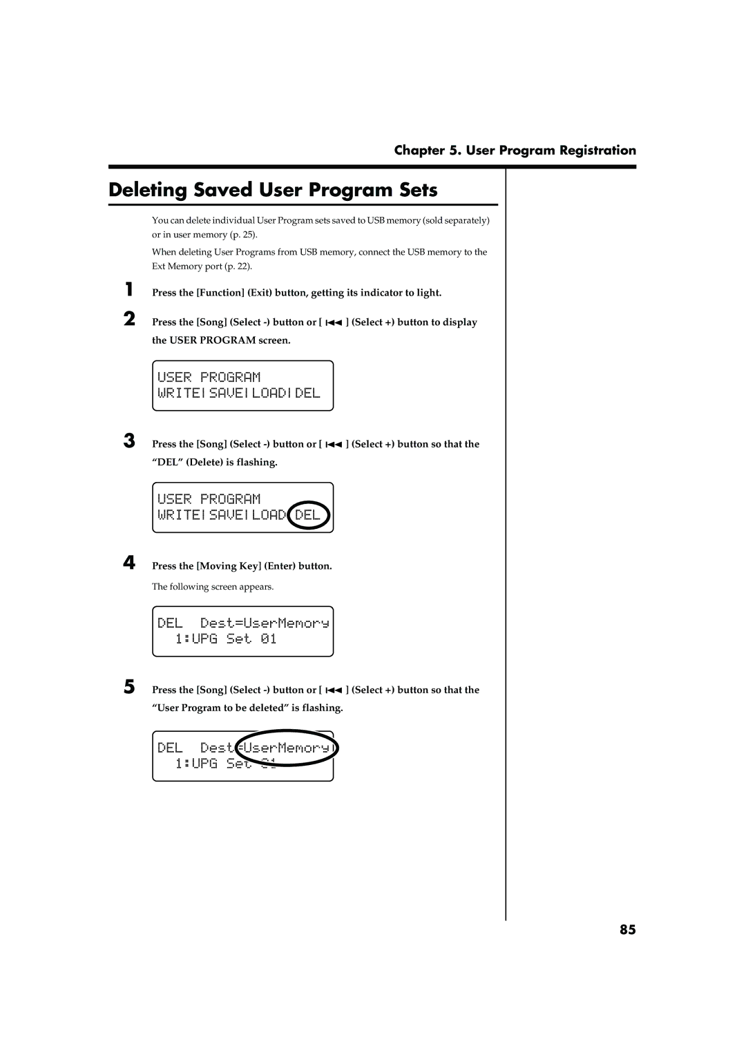 Roland RG-7 manual Deleting Saved User Program Sets 