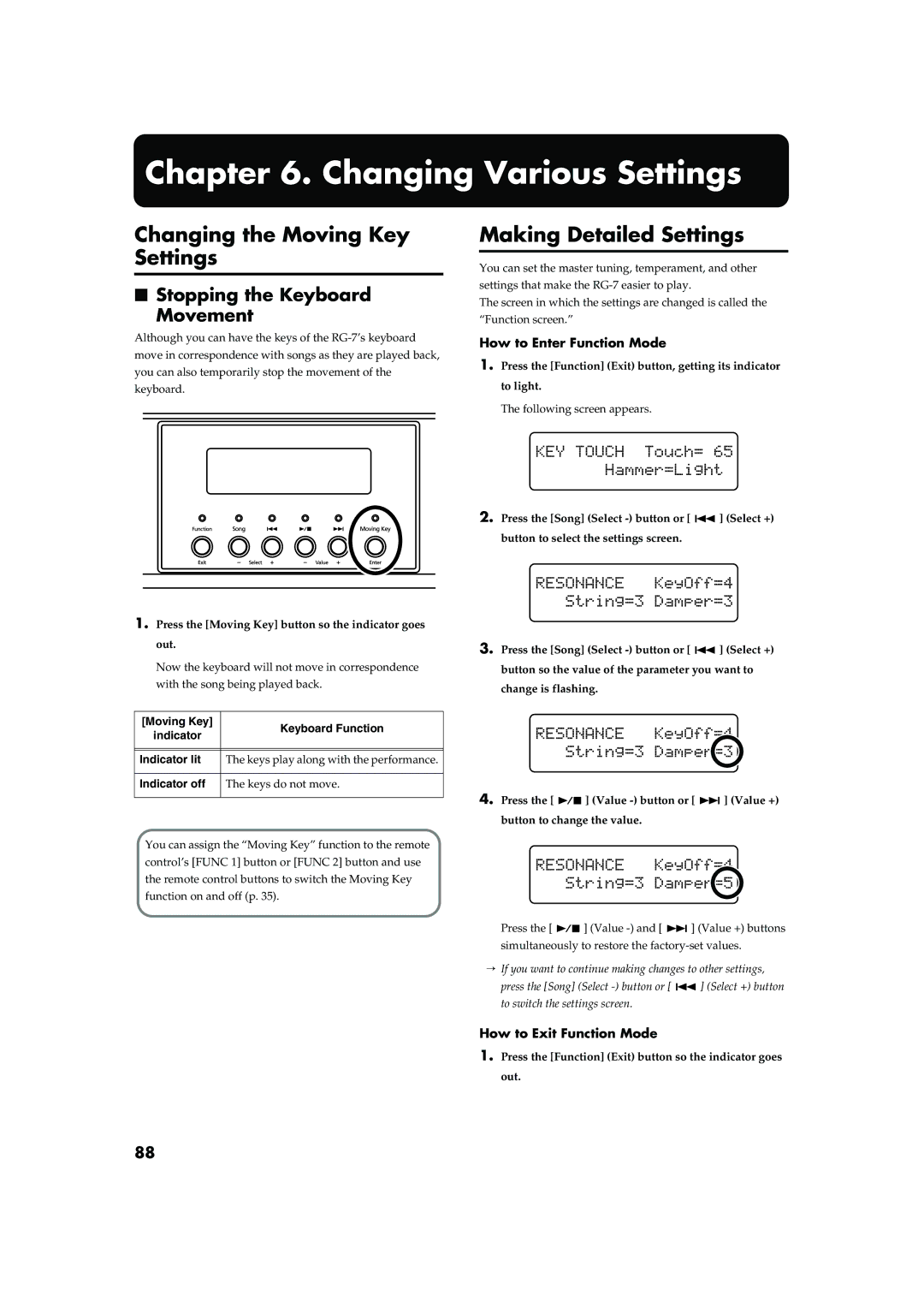 Roland RG-7 manual Changing Various Settings, Changing the Moving Key Settings, Making Detailed Settings 