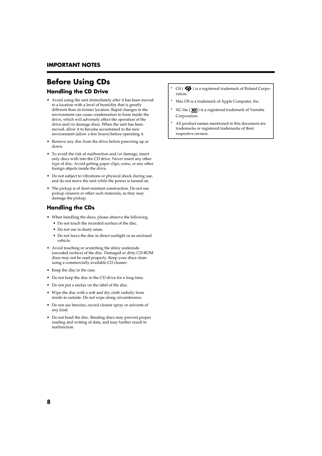 Roland RG-7 manual Before Using CDs, Handling the CD Drive, Handling the CDs 