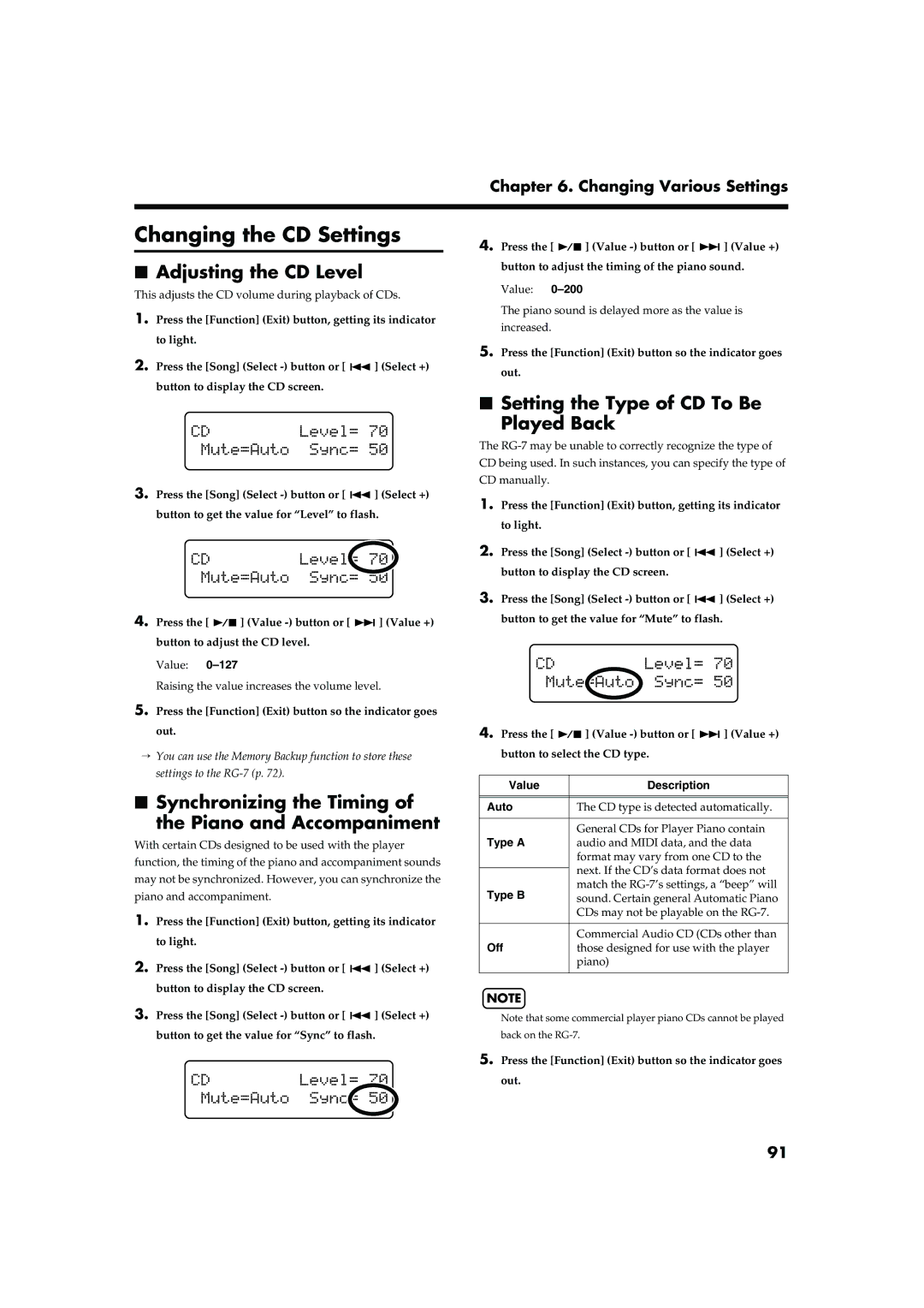 Roland RG-7 manual Changing the CD Settings, Adjusting the CD Level, Synchronizing the Timing Piano and Accompaniment 