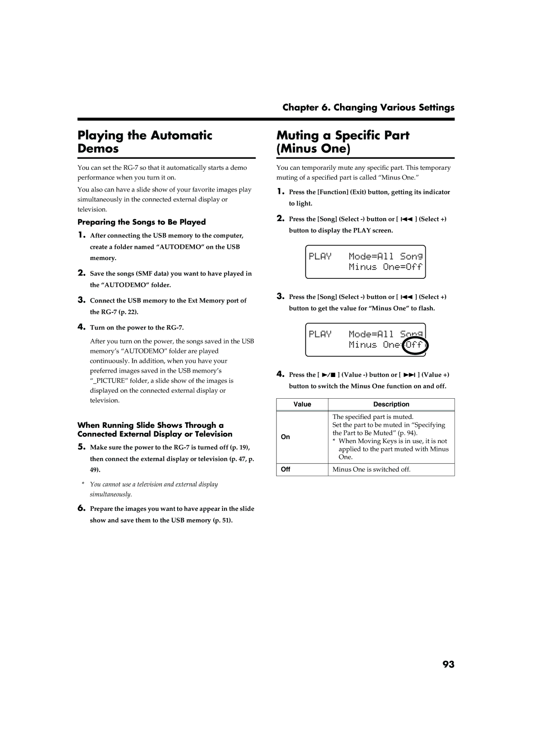 Roland RG-7 manual Playing the Automatic Demos, Muting a Specific Part Minus One, Preparing the Songs to Be Played 
