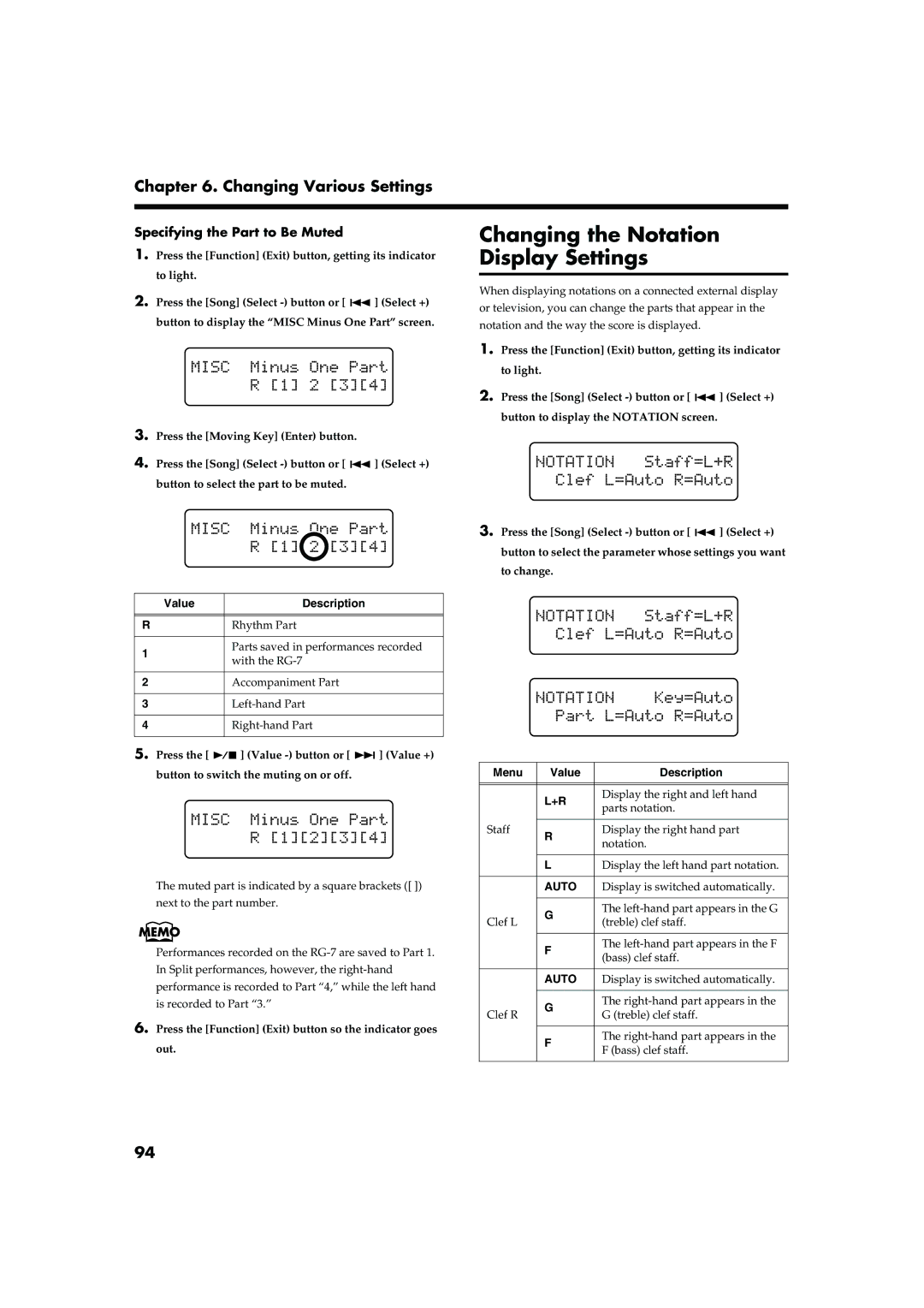 Roland RG-7 manual Changing the Notation Display Settings, Specifying the Part to Be Muted, Menu Value Description 