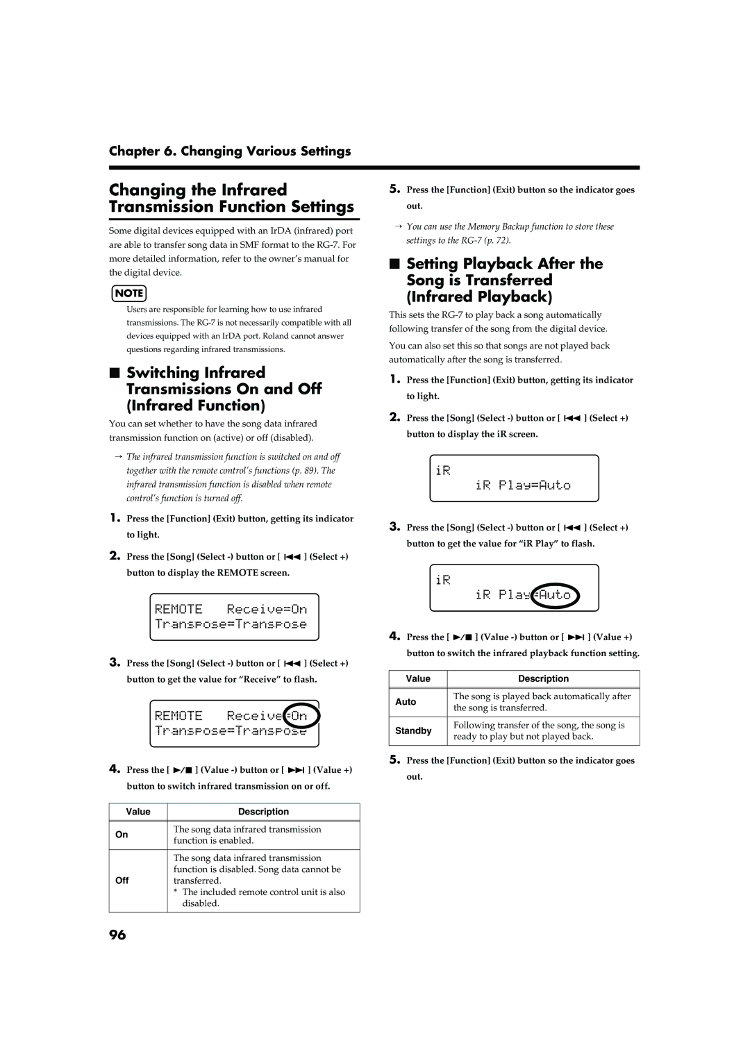 Roland RG-7 manual Changing the Infrared Transmission Function Settings, Standby 