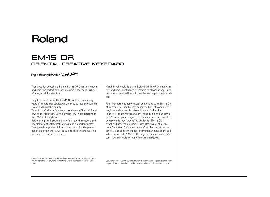 Roland Roland EM-15 OR Oriental Creative Keyboard owner manual EM-15 or, English/Français/Arabic 