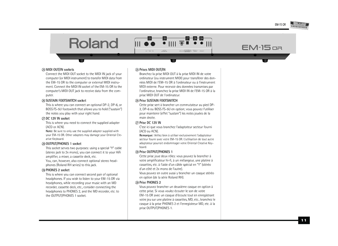 Roland Roland EM-15 OR Oriental Creative Keyboard Midi OUT/IN sockets, Sustain Footswitch socket, DC 12V in socket 