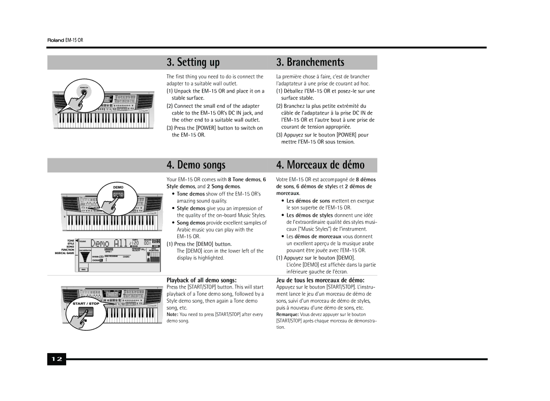 Roland EM-15 OR owner manual Setting up, Branchements, Demo songs Morceaux de démo, Playback of all demo songs 