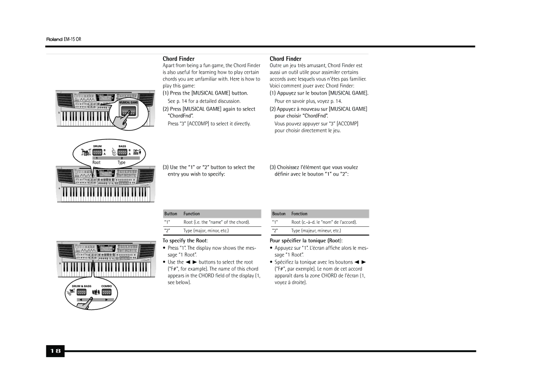 Roland EM-15 OR owner manual Chord Finder, To specify the Root, Pour spéciﬁer la tonique Root 