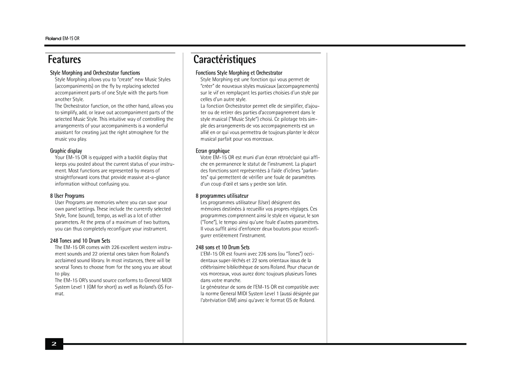 Roland Roland EM-15 OR Oriental Creative Keyboard owner manual Features, Caractéristiques 