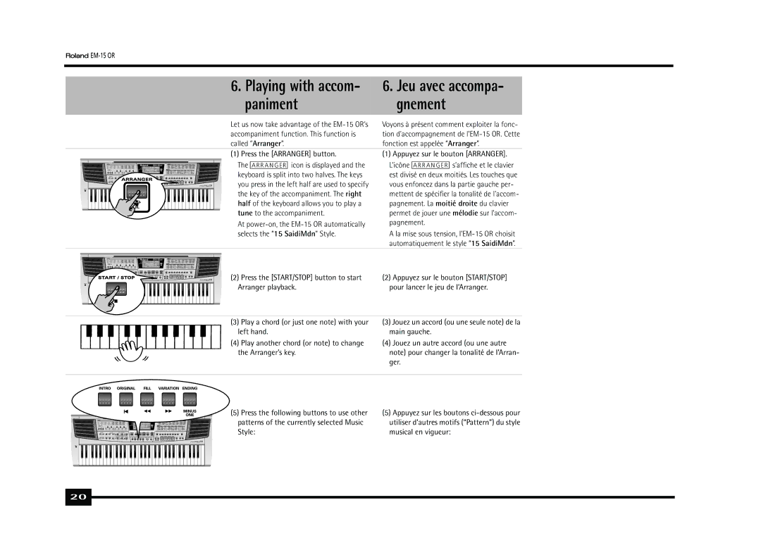 Roland Roland EM-15 OR Oriental Creative Keyboard owner manual Jeu avec accompa, Paniment Gnement 