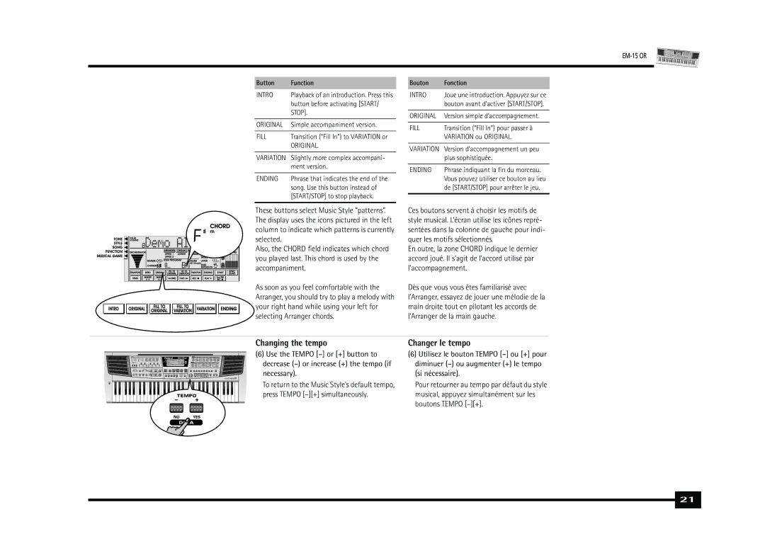 Roland Roland EM-15 OR Oriental Creative Keyboard owner manual Changing the tempo, Changer le tempo 
