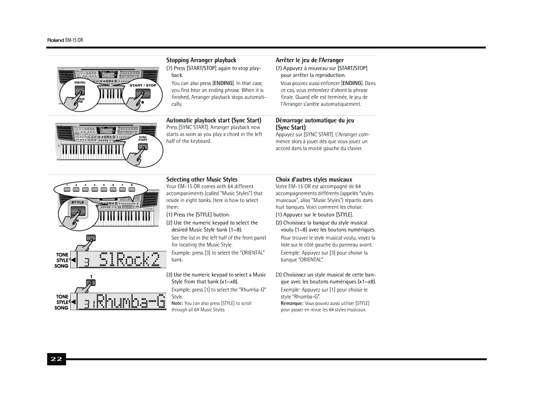 Roland EM-15 OR owner manual Stopping Arranger playback, Arrêter le jeu de l’Arranger, Automatic playback start Sync Start 