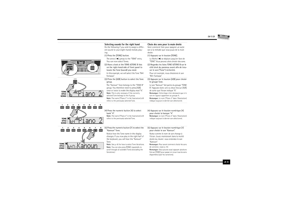 Roland Roland EM-15 OR Oriental Creative Keyboard owner manual Ing Droite Press the Tone button Appuyez sur le bouton Tone 