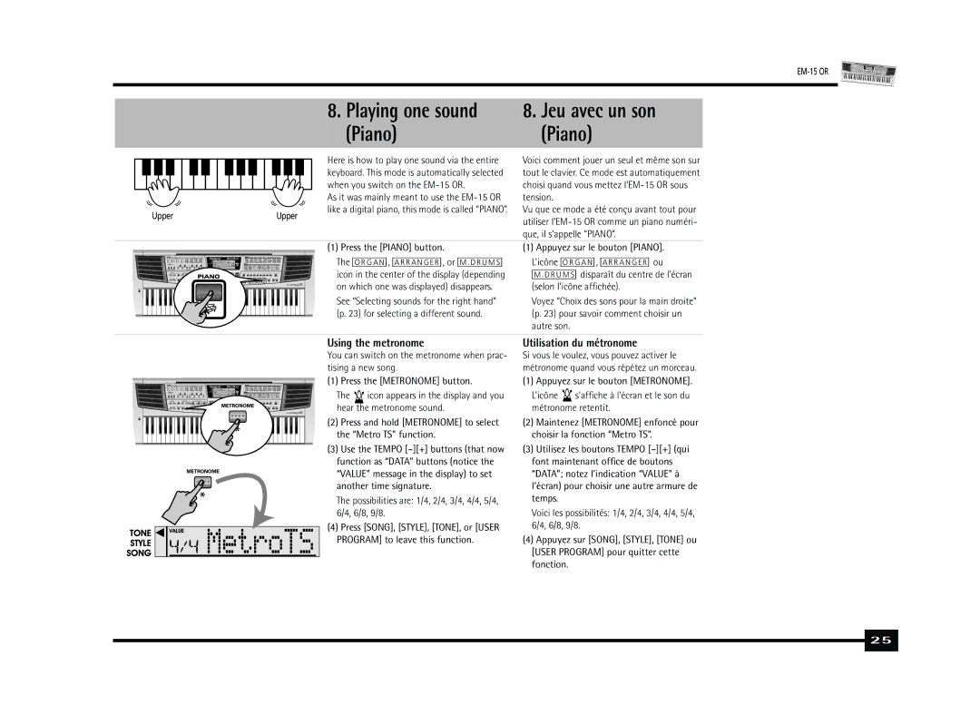 Roland Roland EM-15 OR Oriental Creative Keyboard owner manual Playing one sound Jeu avec un son Piano, Using the metronome 