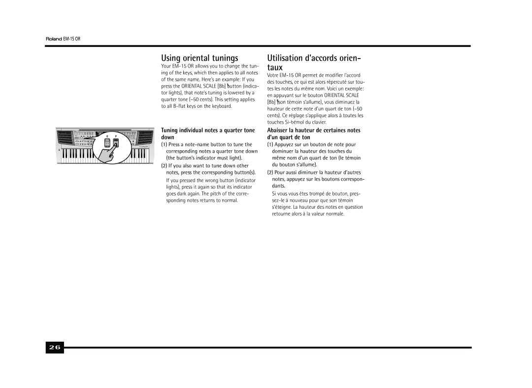 Roland EM-15 OR Using oriental tunings, Utilisation d’accords orien- taux, Tuning individual notes a quarter tone down 