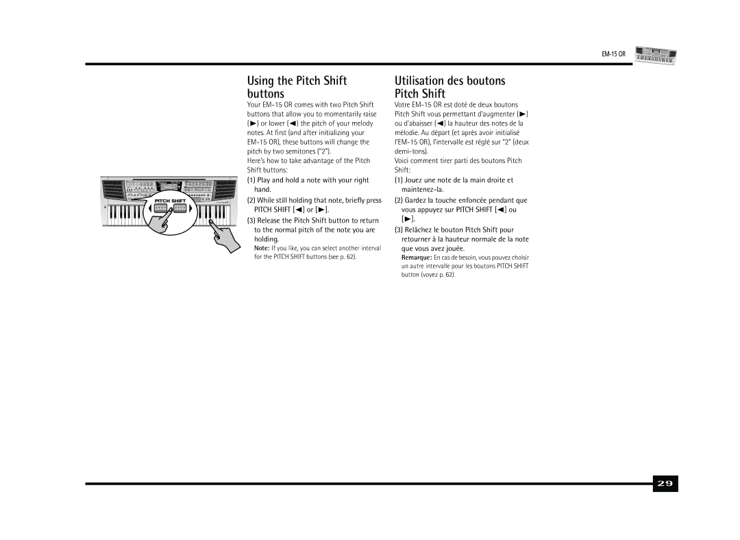 Roland Roland EM-15 OR Oriental Creative Keyboard Using the Pitch Shift buttons, Utilisation des boutons Pitch Shift 