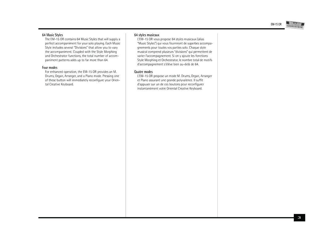 Roland Roland EM-15 OR Oriental Creative Keyboard owner manual Music Styles, Four modes, Styles musicaux, Quatre modes 