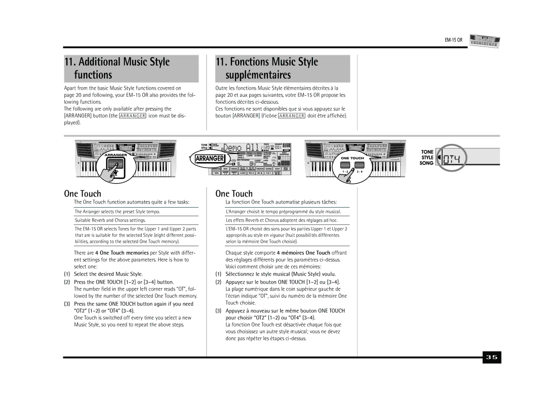 Roland Roland EM-15 OR Oriental Creative Keyboard owner manual Additional Music Style functions, One Touch 