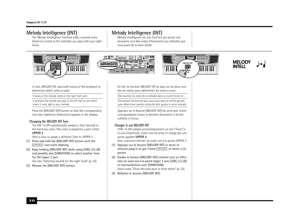 Roland EM-15 OR owner manual Melody Intelligence INT, Changing the Melody INT Tone, Changer le son Melody INT 