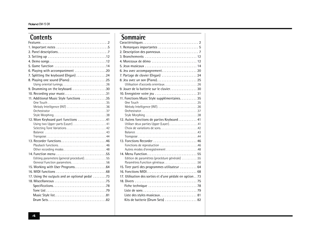 Roland Roland EM-15 OR Oriental Creative Keyboard owner manual Contents, Sommaire 