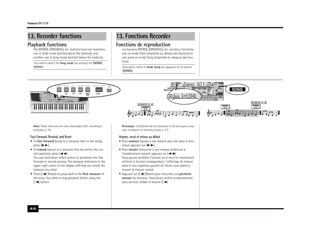 Roland EM-15 OR owner manual Recorder functions, Fonctions Recorder, Playback functions, Fonctions de reproduction 