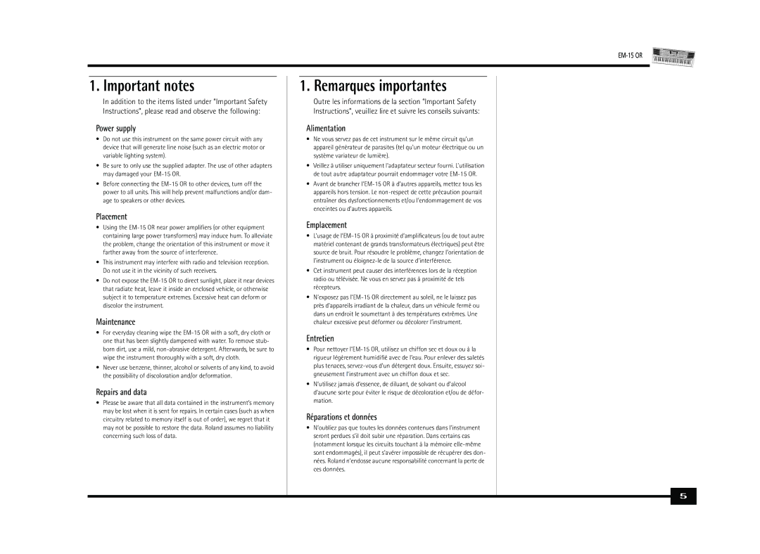 Roland Roland EM-15 OR Oriental Creative Keyboard owner manual Important notes, Remarques importantes 