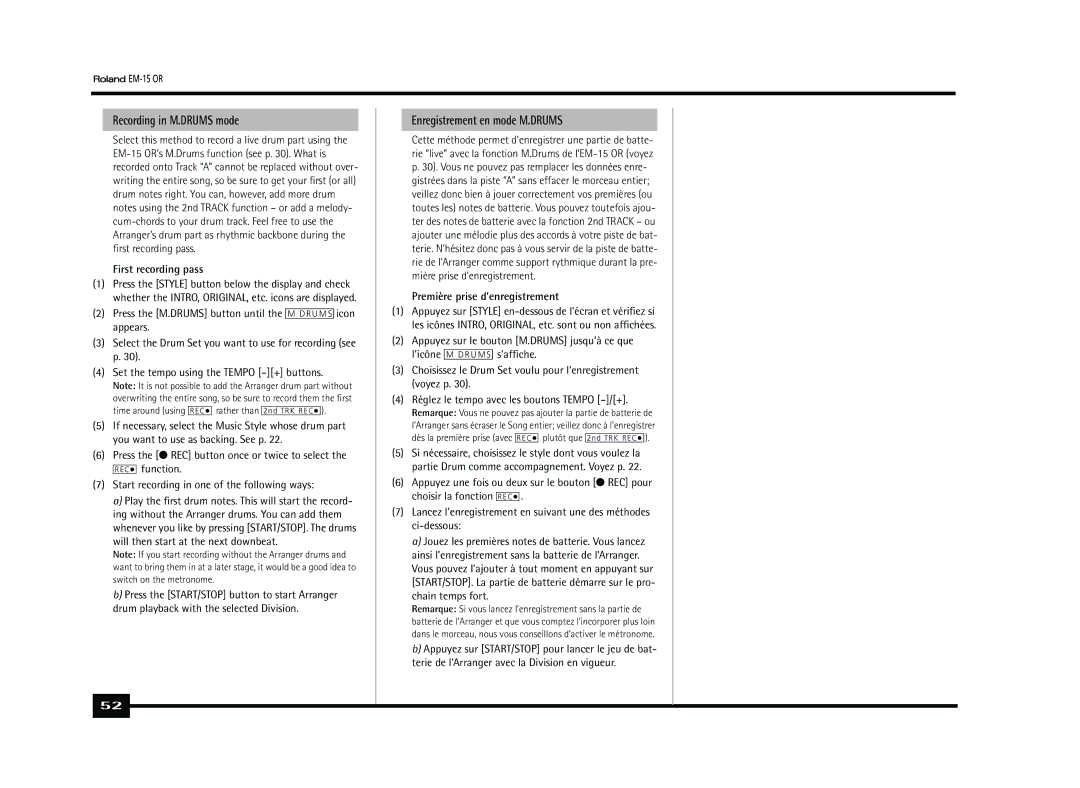 Roland Roland EM-15 OR Oriental Creative Keyboard owner manual Recording in M.DRUMS mode, Enregistrement en mode M.DRUMS 