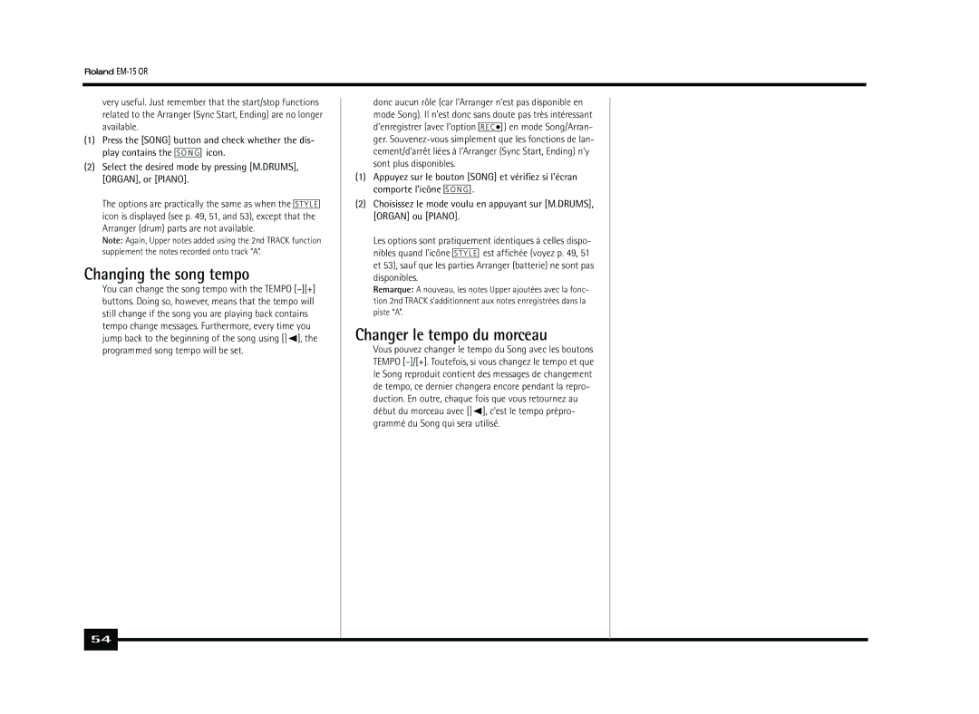 Roland Roland EM-15 OR Oriental Creative Keyboard owner manual Changing the song tempo, Changer le tempo du morceau 