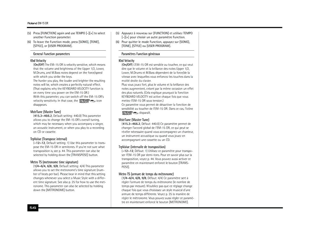 Roland EM-15 OR owner manual Velocity sensitivity. In that case, the icon disappears, Disparaît 