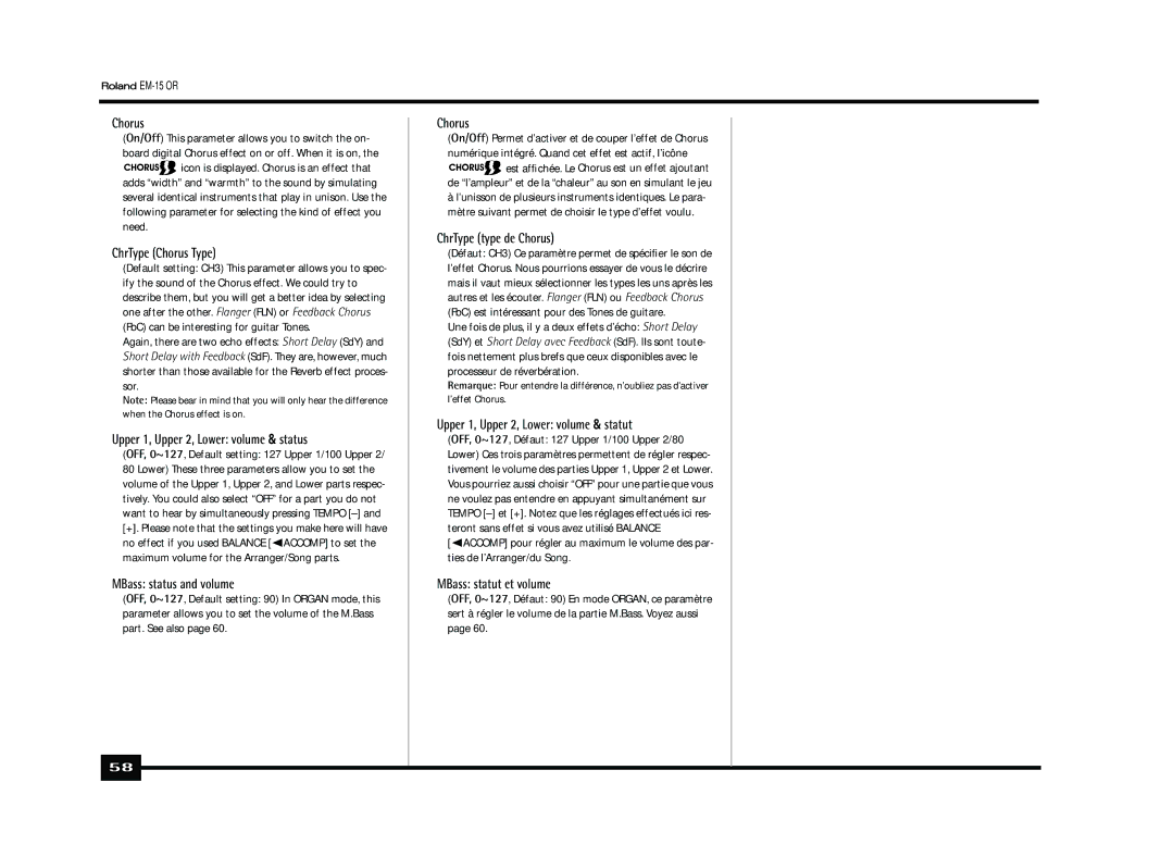 Roland EM-15 OR owner manual ChrType Chorus Type, Upper 1, Upper 2, Lower volume & status, MBass status and volume 