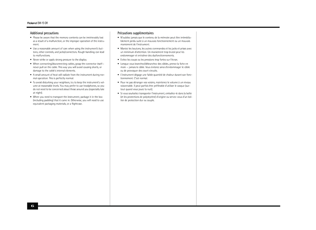 Roland Roland EM-15 OR Oriental Creative Keyboard owner manual Additional precautions, Précautions supplémentaires 