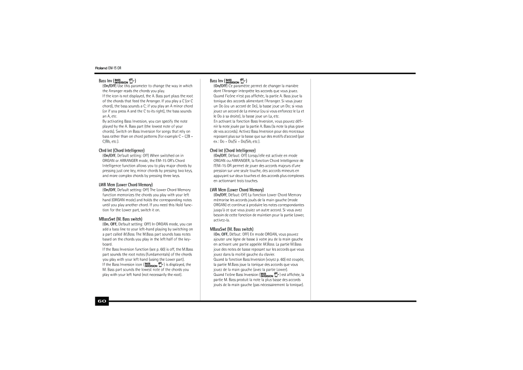 Roland EM-15 OR owner manual Chrd Int Chord Intelligence, LWR Mem Lower Chord Memory, MBassSwt M. Bass switch 