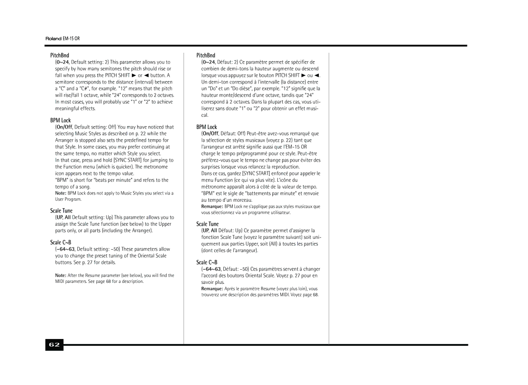 Roland Roland EM-15 OR Oriental Creative Keyboard owner manual PitchBnd, BPM Lock, Scale Tune, Scale C~B 