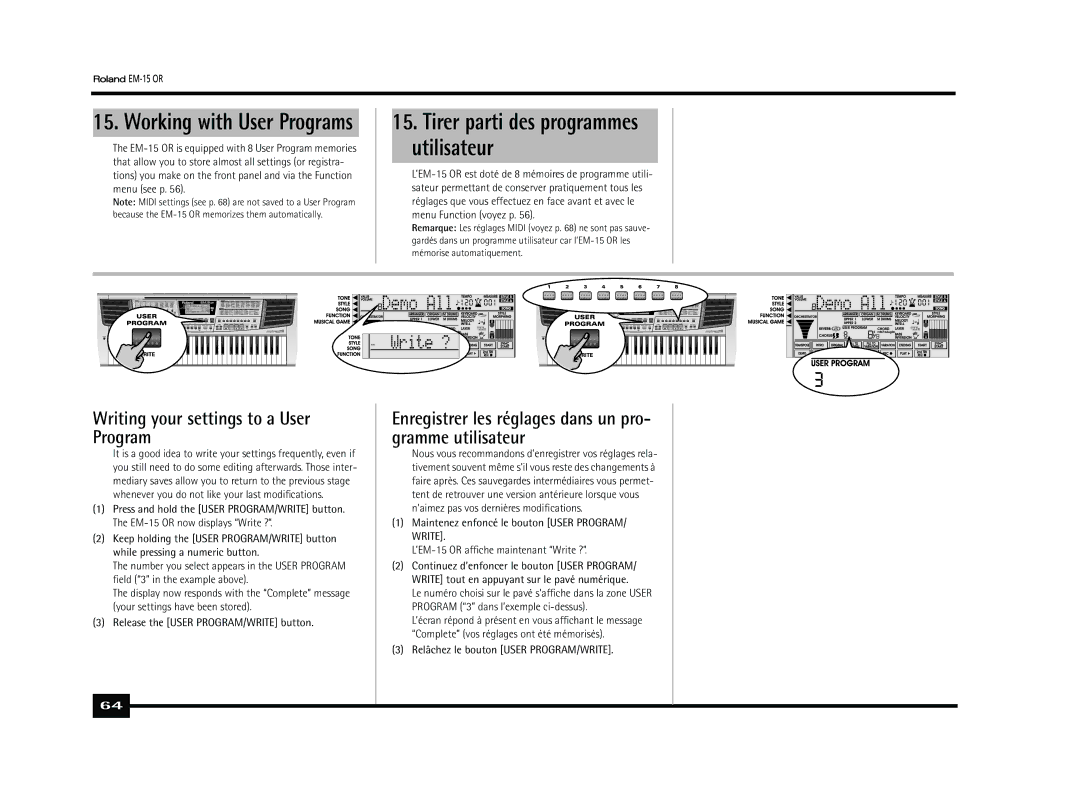 Roland EM-15 OR Working with User Programs, Tirer parti des programmes utilisateur, Relâchez le bouton User PROGRAM/WRITE 