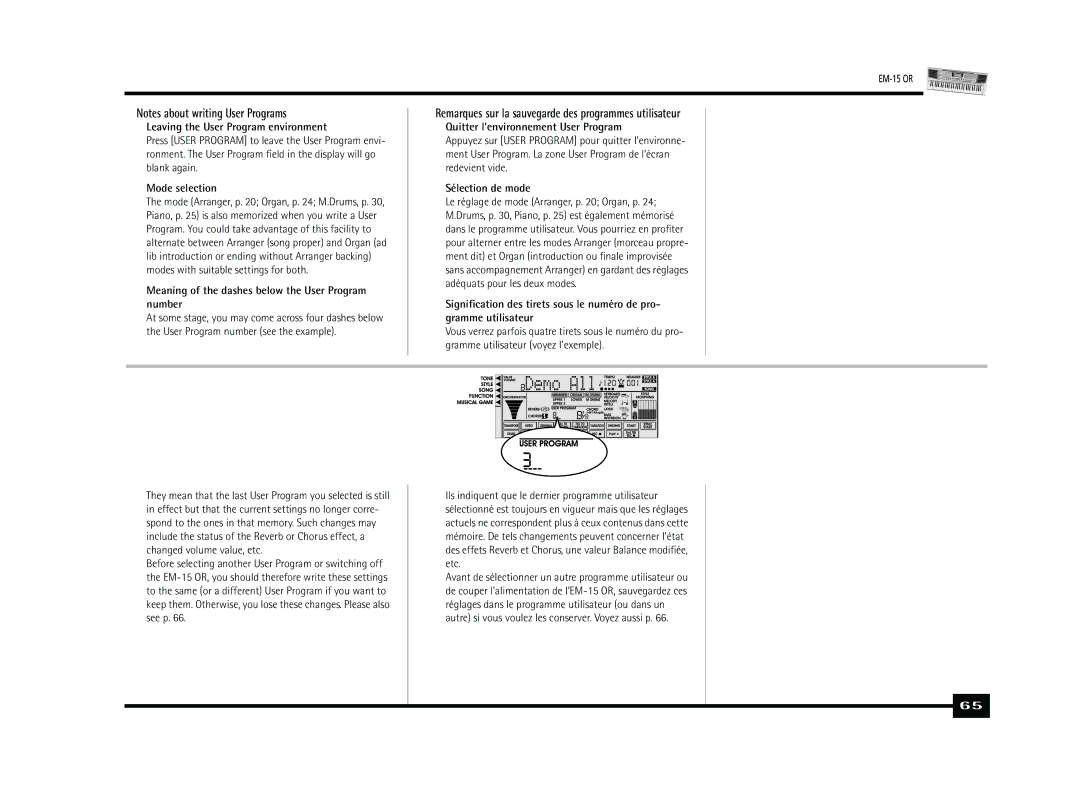 Roland Roland EM-15 OR Oriental Creative Keyboard Leaving the User Program environment, Mode selection, Sélection de mode 