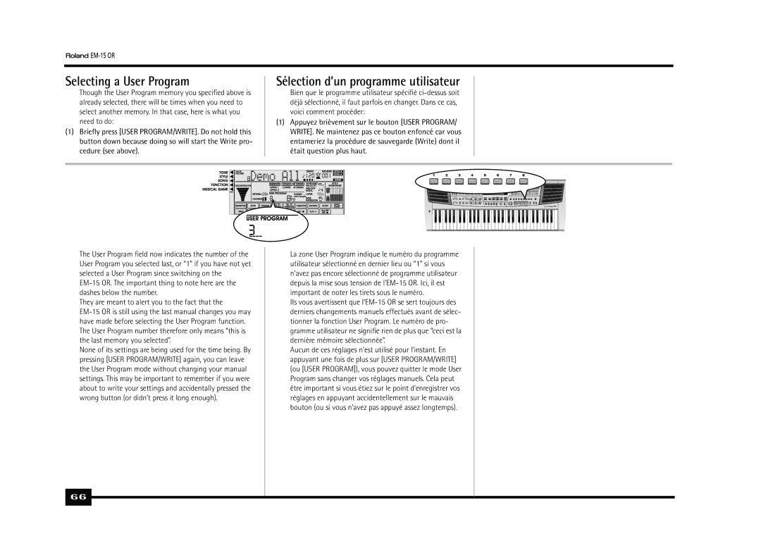 Roland Roland EM-15 OR Oriental Creative Keyboard Selecting a User Program, Sélection d’un programme utilisateur 