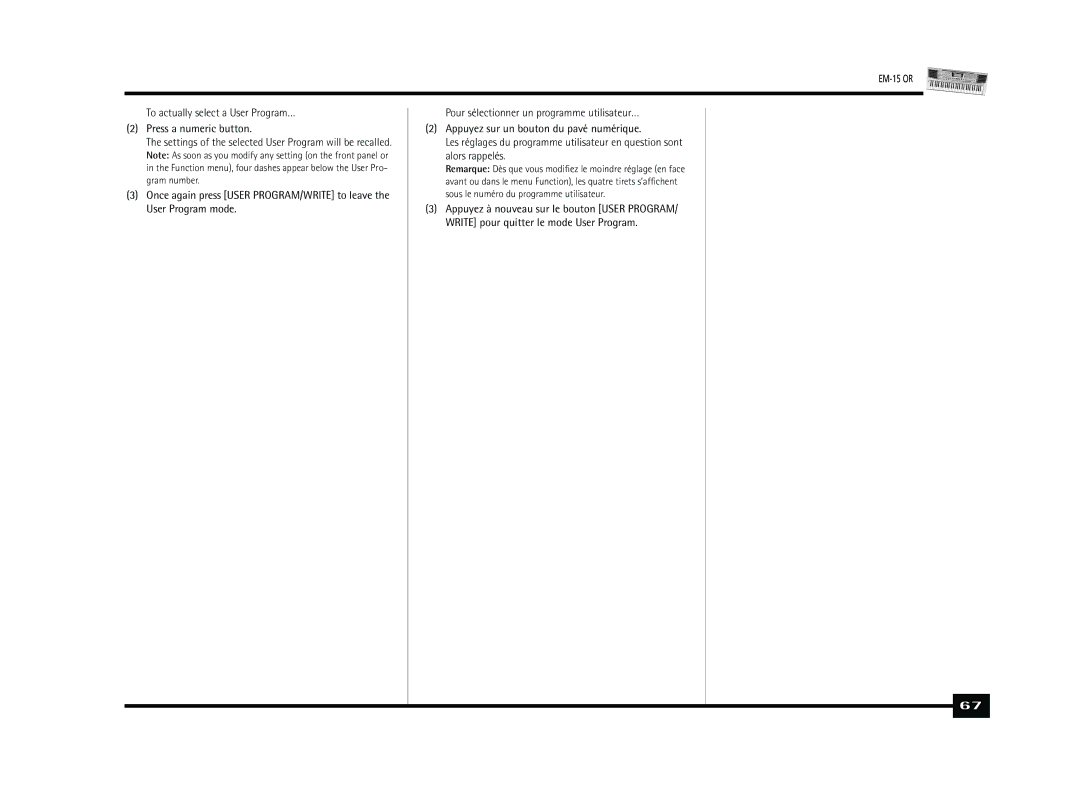 Roland Roland EM-15 OR Oriental Creative Keyboard owner manual To actually select a User Program… Press a numeric button 