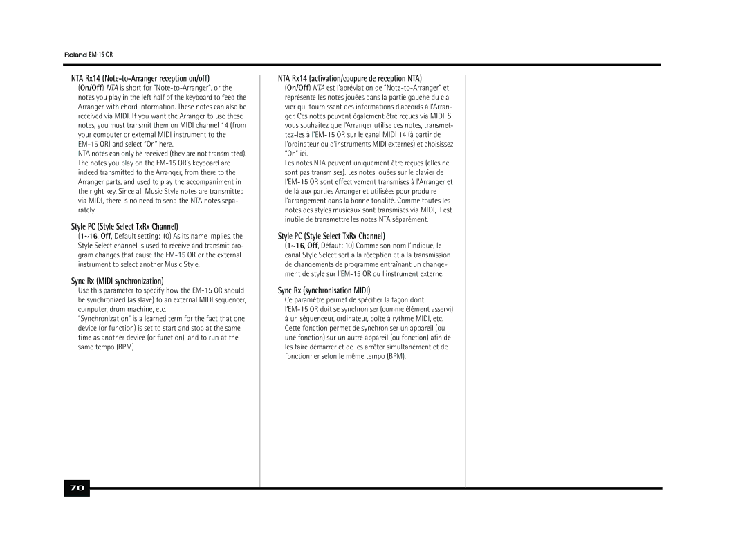 Roland EM-15 OR owner manual NTA Rx14 Note-to-Arranger reception on/off, Style PC Style Select TxRx Channel 