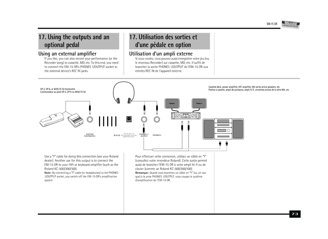 Roland Roland EM-15 OR Oriental Creative Keyboard Using the outputs and an optional pedal, Using an external ampliﬁer 