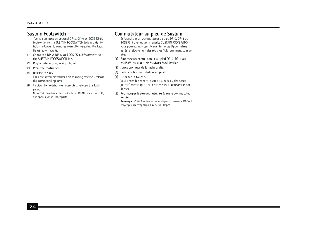 Roland Roland EM-15 OR Oriental Creative Keyboard owner manual Sustain Footswitch, Commutateur au pied de Sustain 
