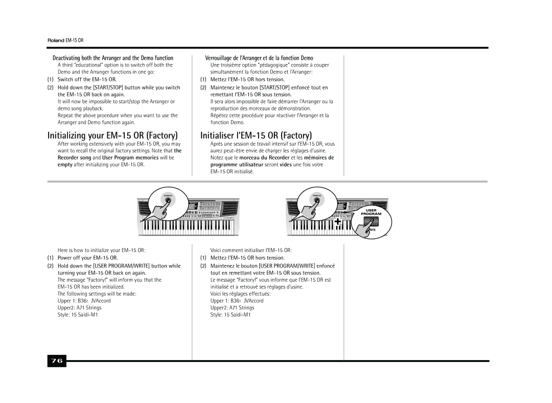 Roland EM-15 OR owner manual Initializing your EM-15 or Factory, Initialiser l’EM-15 or Factory 