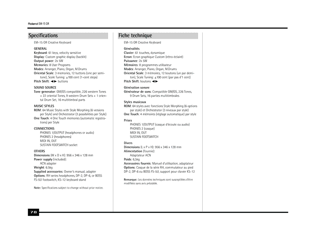 Roland Roland EM-15 OR Oriental Creative Keyboard owner manual Speciﬁcations, Fiche technique 