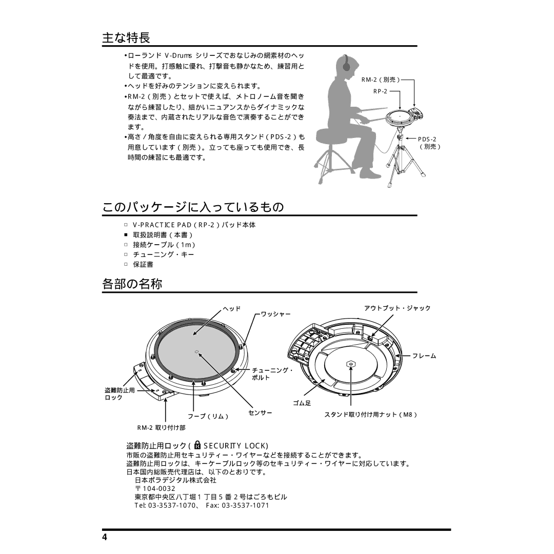 Roland RP-2 manual 主な特長, このパッケージに入っているもの, 各部の名称 