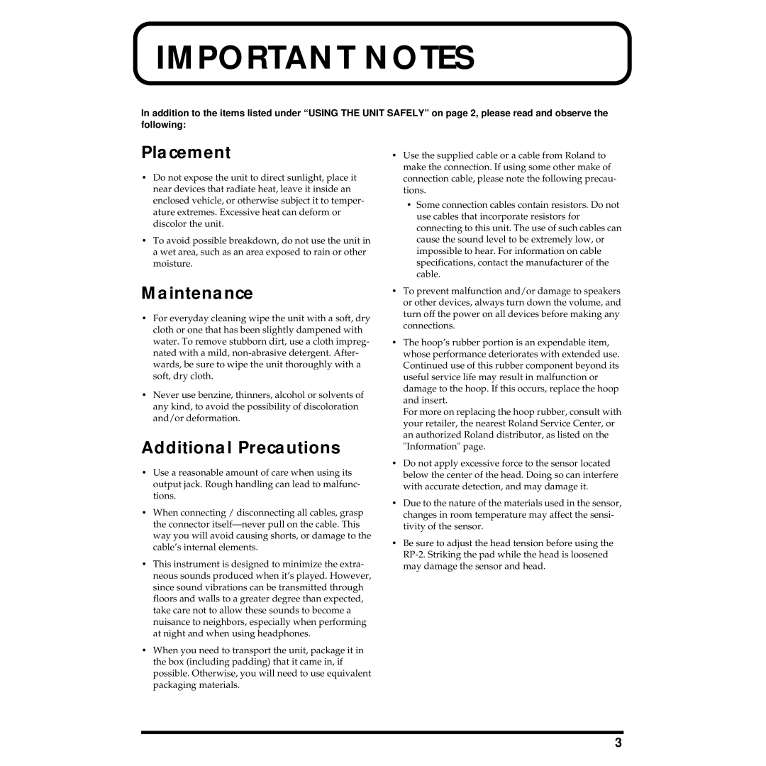 Roland RP-2 manual Placement, Maintenance, Additional Precautions 