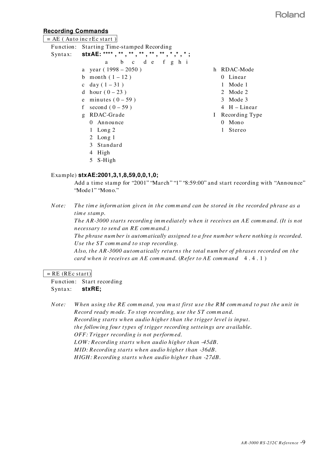 Roland RS 232C manual Recording Commands, StxAE, Example stxAE2001,3,1,8,59,0,0,1,0, = RE REc start 