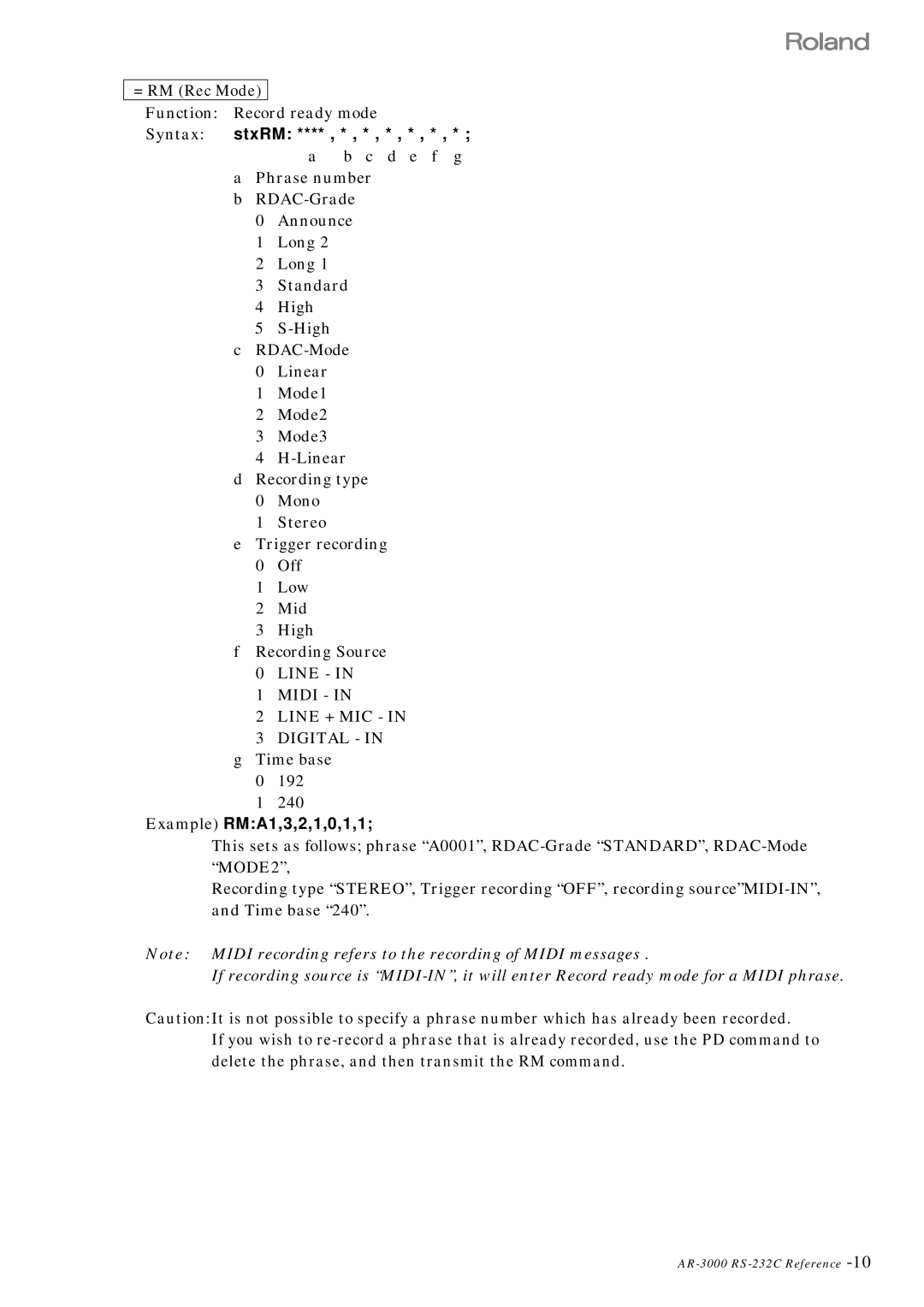 Roland RS 232C manual = RM Rec Mode, Syntax stxRM **** , * , * , * , * , * , * a b c d e f g, Example RMA1,3,2,1,0,1,1 