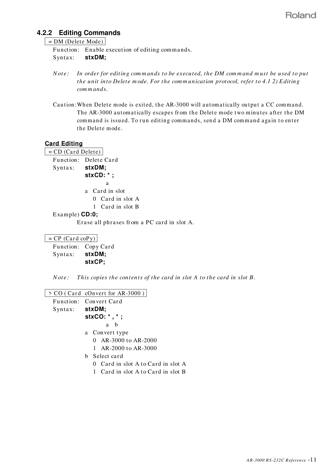 Roland RS 232C Editing Commands, = DM Delete Mode, = CD Card Delete Function Delete Card Syntax stxDM, = CP Card coPy 